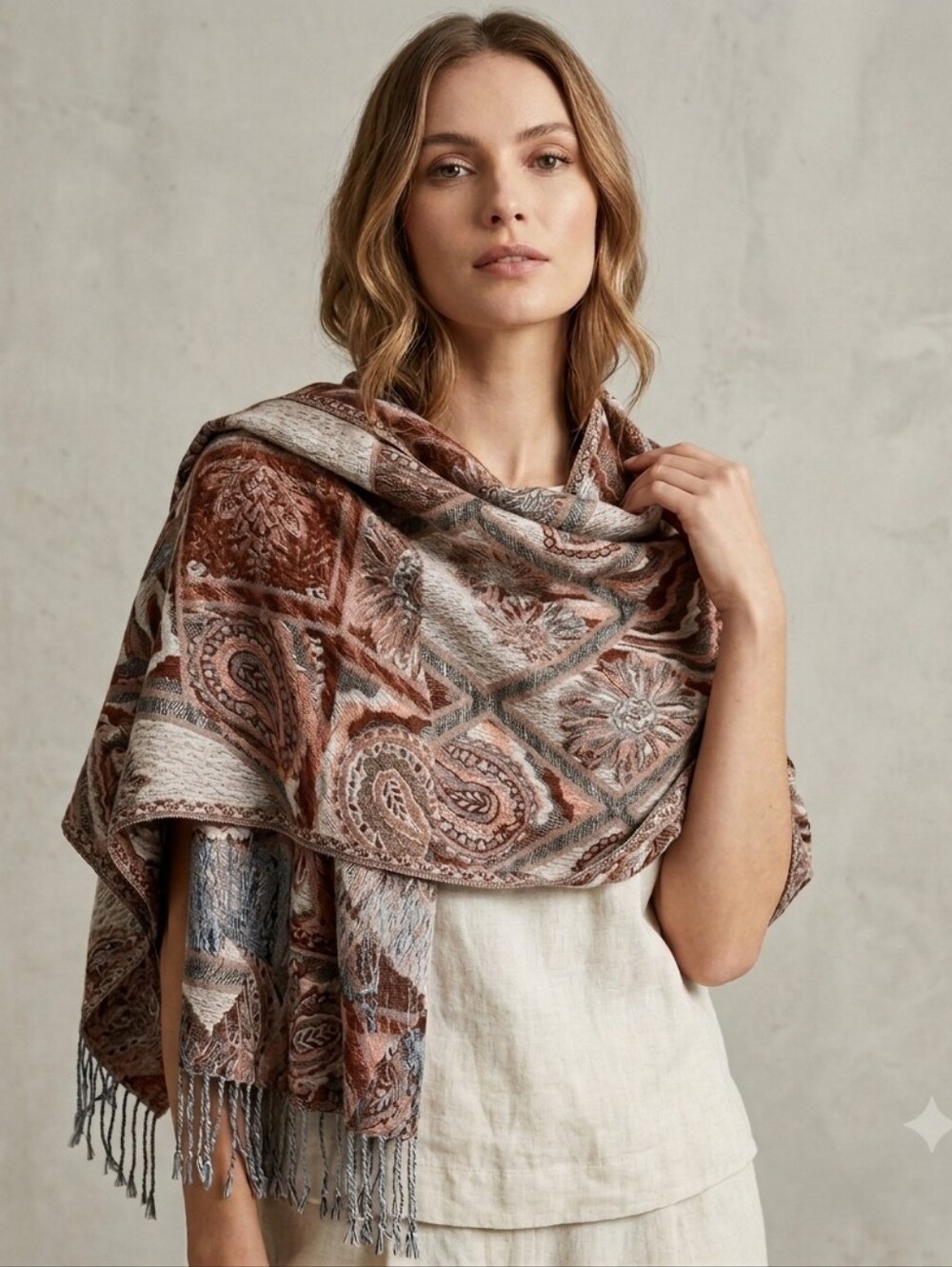 Italian Viscose Pashmina Stole Shawl Scarf Abstract Beige Brown Rust Colours